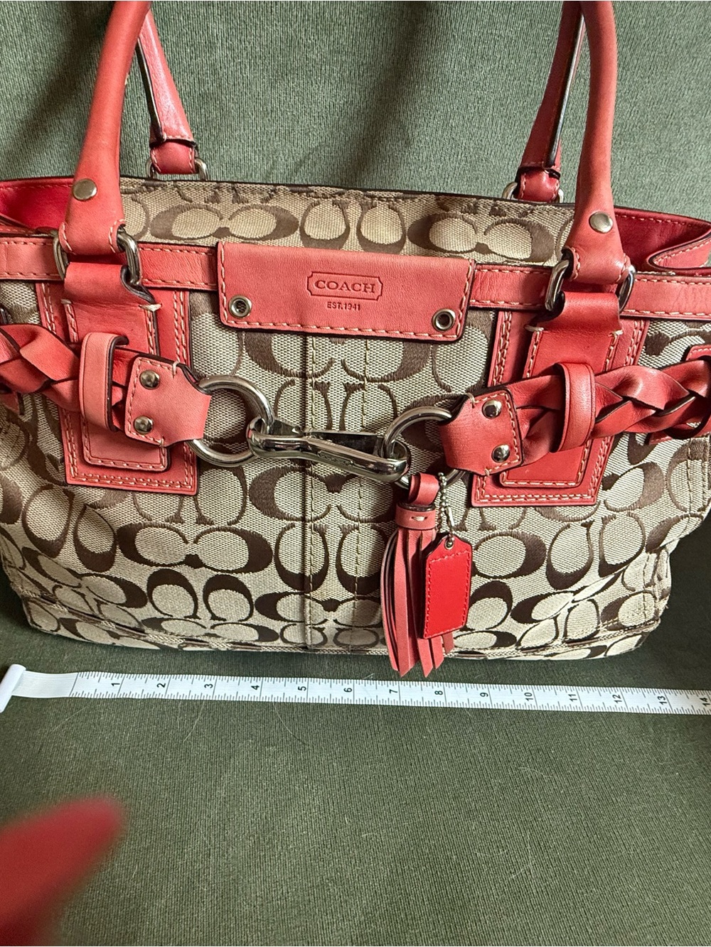 Coach Tan Signature Canvas Tote with Coral Leather Trim
